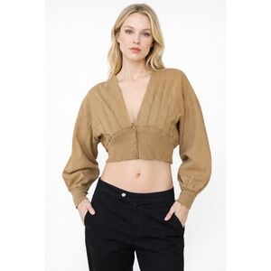 Free People Cropped Long Sleeve Cardigan Top XL Tan Boho Chic Frayed Cotton